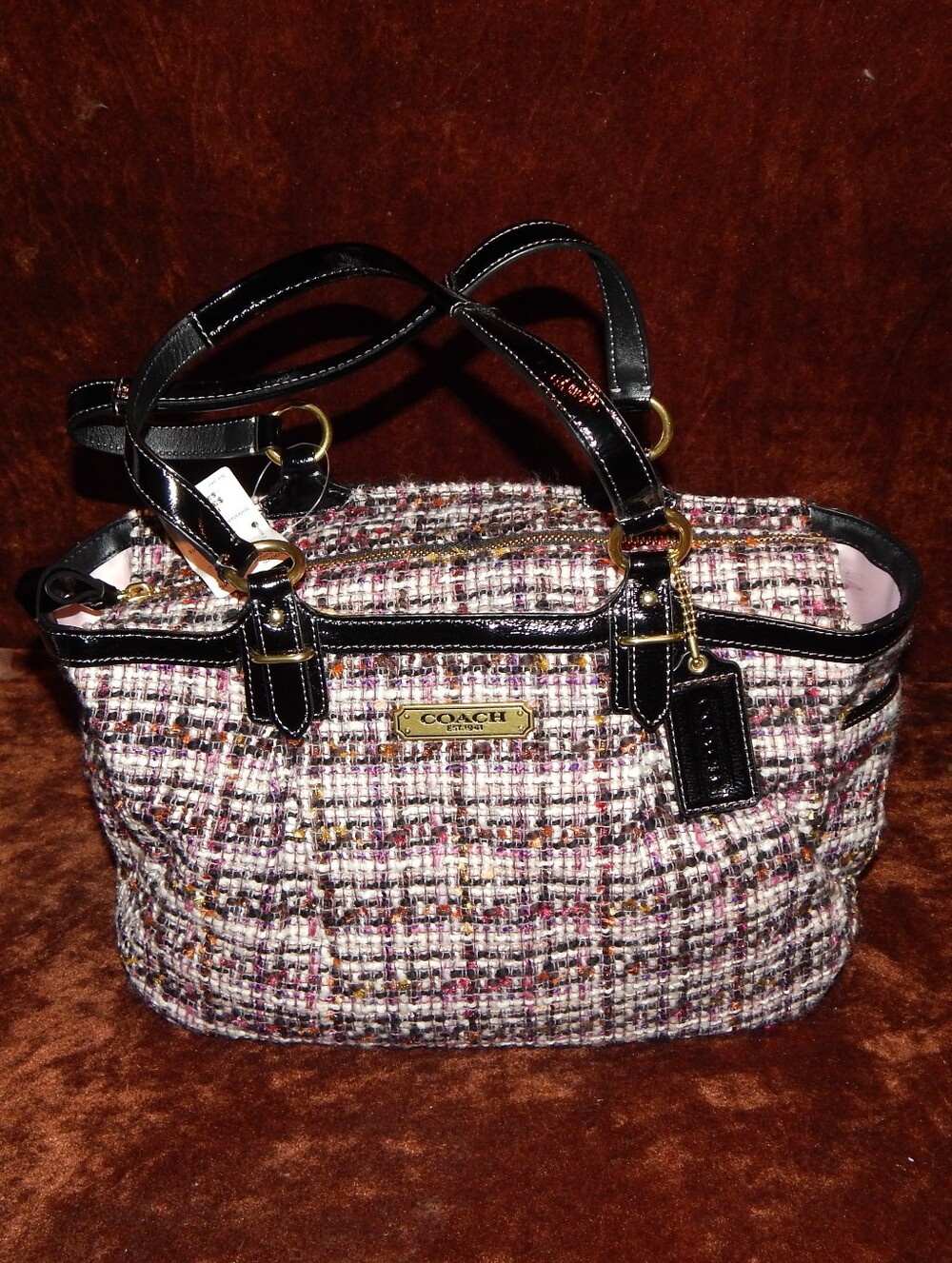Coach Tweed Tote Bag with Black Leather Trim - Multicolor